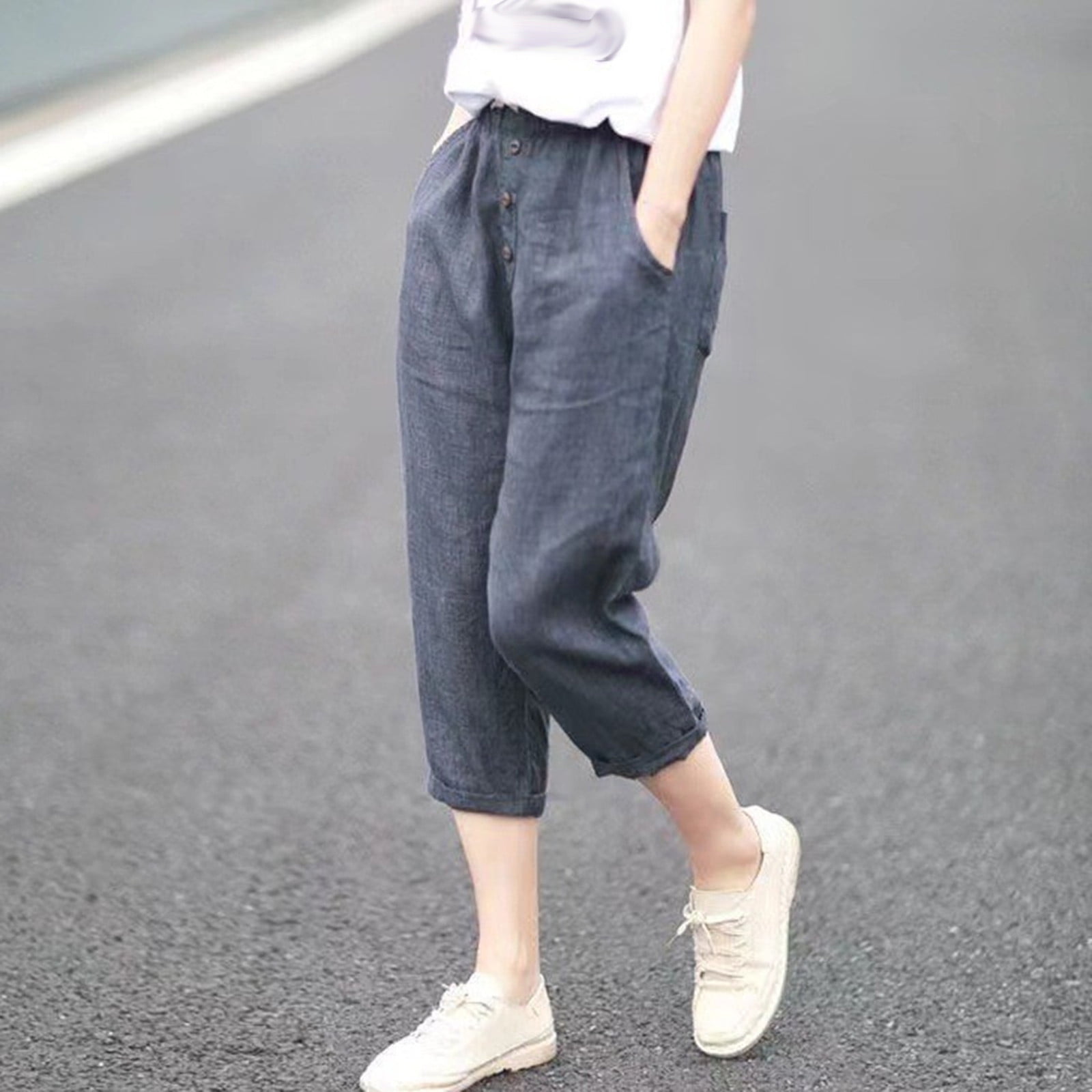 Japceit Elastic Waist Pants for Women Soft Pajama Pants for Women Casual Solid Color Cropped Trousers Bandage Pockets Elastic Waist Comfortable