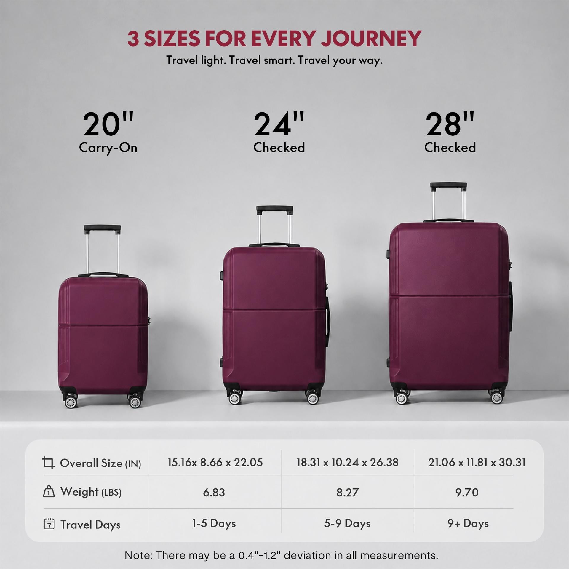 3-Piece ABS Hardshell Luggage Set, Lightweight Durable Suitcases with TSA-Approved Lock, 4 Silent Spinner Wheels & Scratch-Resistant Ribbed Shell, 20"/24"/28", Purple