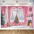 thumbnail image 2 of 10X8FT Christmas Photo Backdrop Winter Pink Window Snow Scene Photography Background Christmas Xmas Tree Fireplace New Year Holiday Family Party Decorations Photo Studio Props Pictures, 2 of 5