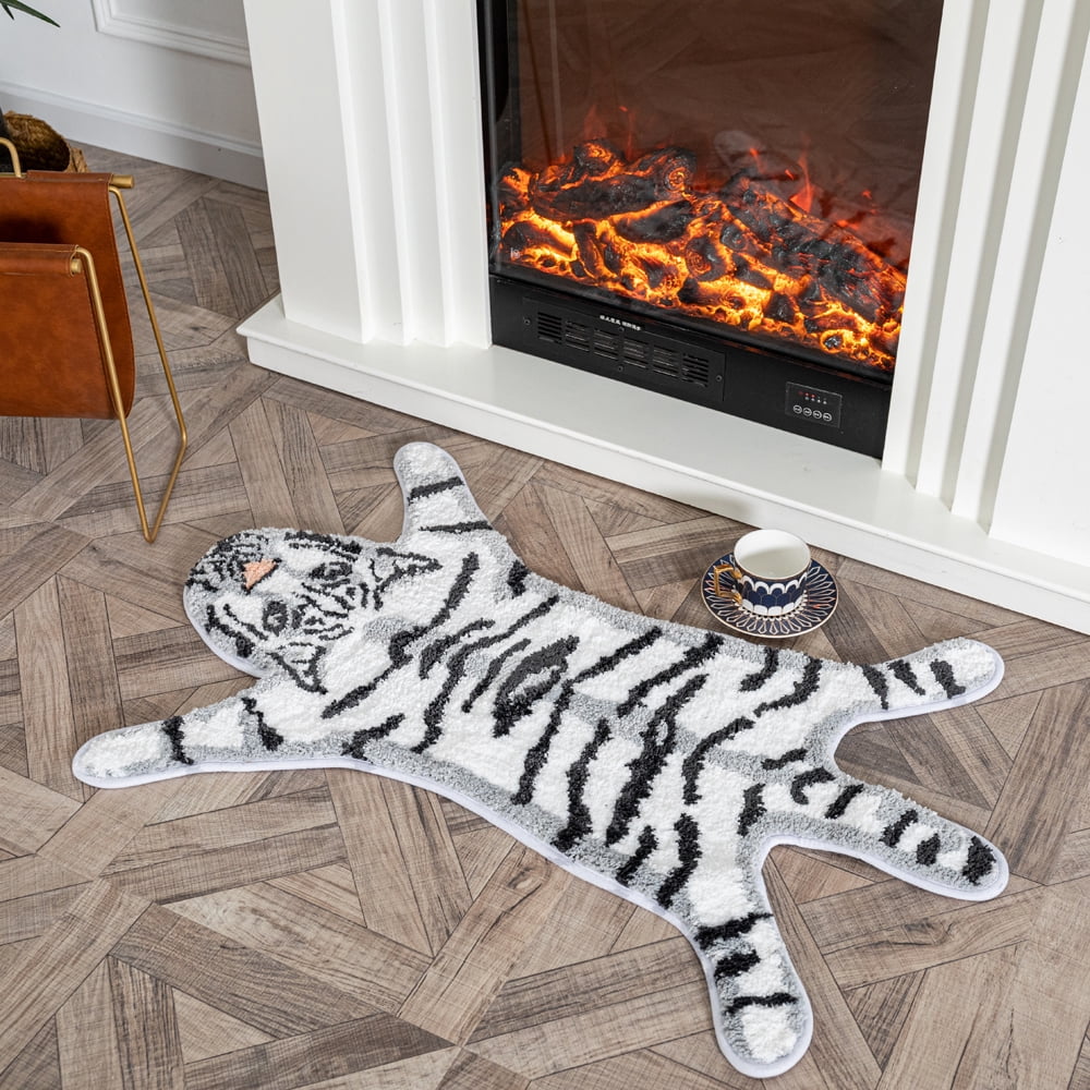 yingda1992 Tiger Bath Mat for Bathroom Cute White Tiger Cartoon Non Slip Animal Shaped Absorbent Bathtub Bathroom Plush Shower Rugs 25.6x38.6in
