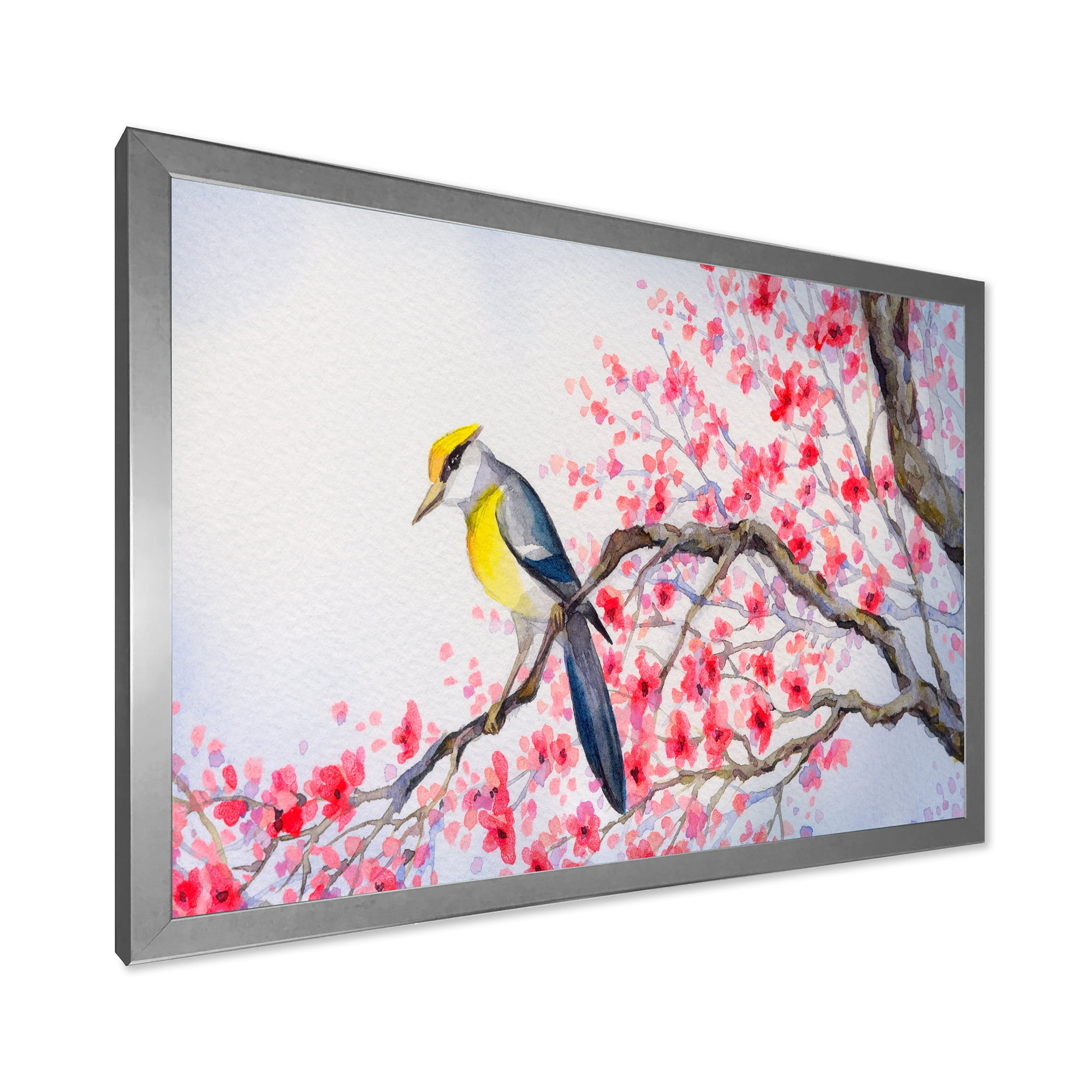 Beautiful Red Bird Sitting On Flowering Branch II 20 in x 12 in Framed Painting Canvas Art Print, by Designart