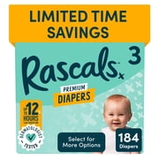Rascals Premium Absorbent Baby Diapers Size 3, 184 Count