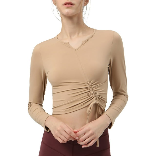 FAIWAD Long Sleeve Yoga Tops for Womens Adjustable Drawstring Side Ruched Athletic Slim Stretch Tops