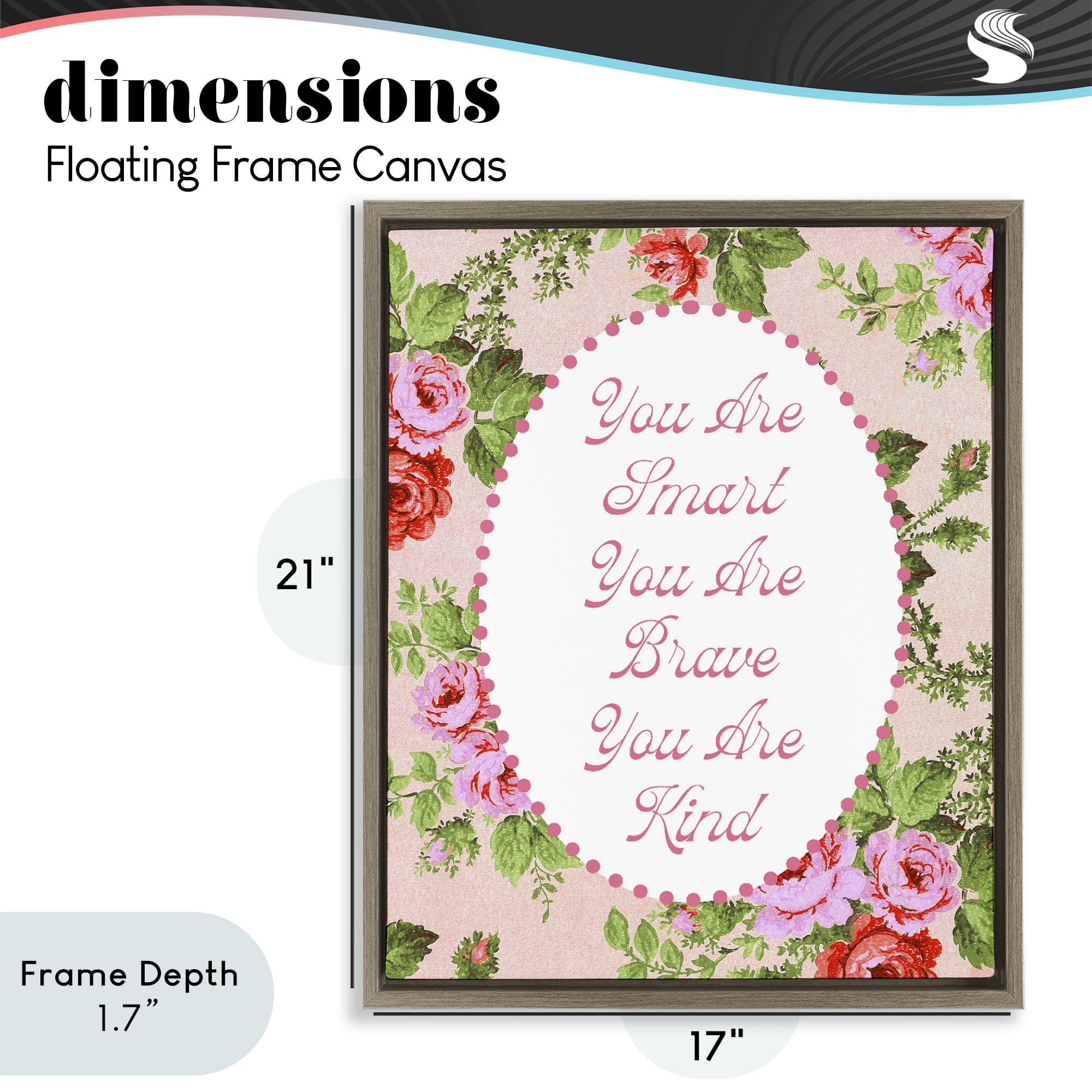 Stupell Industries Smart Brave & Kind with Vintage Florals Brown Framed Floater Canvas Wall Art, design by Lil' Rue