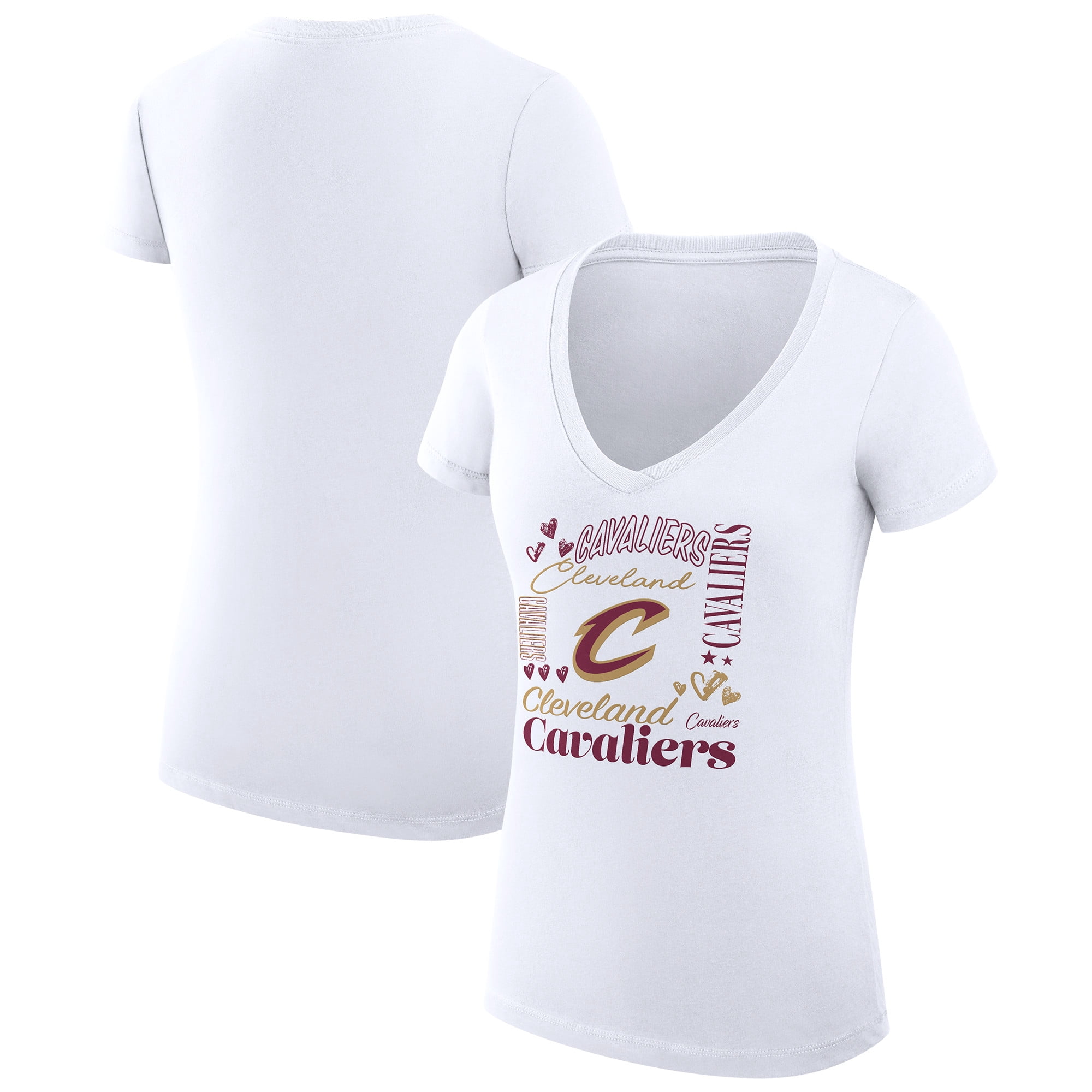 Women's G-III 4Her by Carl Banks White Cleveland Cavaliers Super-Slim Fit Lightweight Team Name Collage Graphic V-Neck