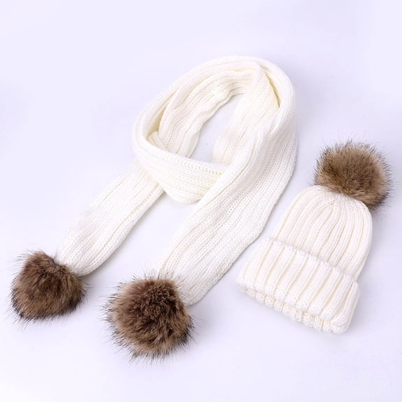PInxai Winter 2 Piece Sets for Kids Knitted Hat and Scarf with Pom Boys Girls Cute Warm Outdoor Sets,White,Free Size