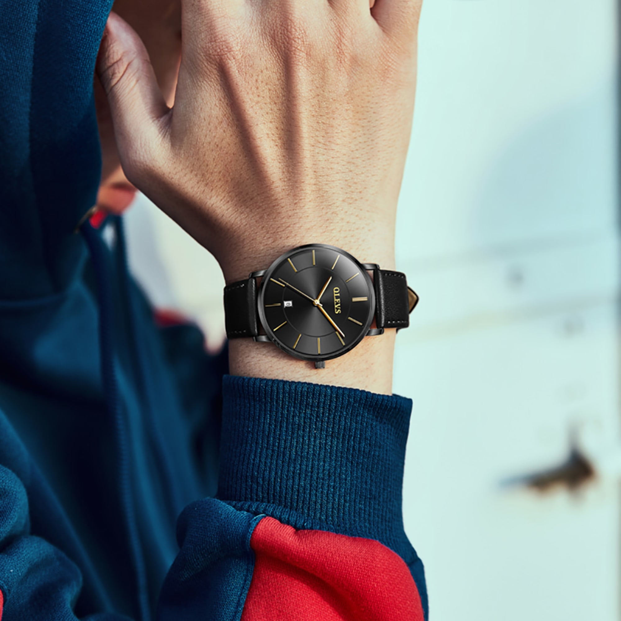 OLEVS Watches for Men Ultra Thin Large Face Fashion Casual Day Watch Mens Black Leather Band Watch Japan Quartz Reloj Mens Watch. Gifts for Men