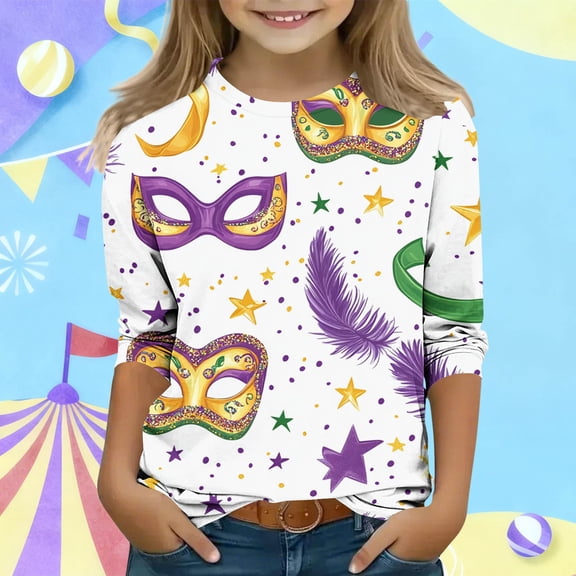Mardi Gras Shirt for Girls Kids Purple Gold Green All Over Print Mask Graphic Long Sleeve T Shirt 3/4 Sleeve Festival Top,Size 12-13T