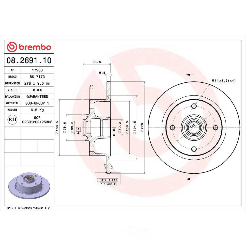 Brembo 08.2691.10 Disc Brake Rotor Fits select: 1966-1974 VOLKSWAGEN TYPE 1 KARMANN GHIA, 1966-1971 VOLKSWAGEN TYPE 3 SQUAREBACK