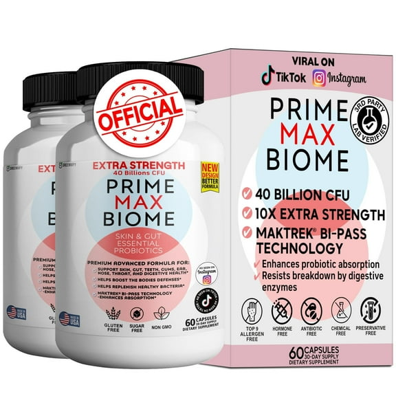 Prime Max Biome Probiotics 40 Billion CFU, 4 Strains   Prebiotics, MAKTrek® Bi-Pass, Gut & Skin Support, 120 Capsules, Non-GMO, Gluten-Free