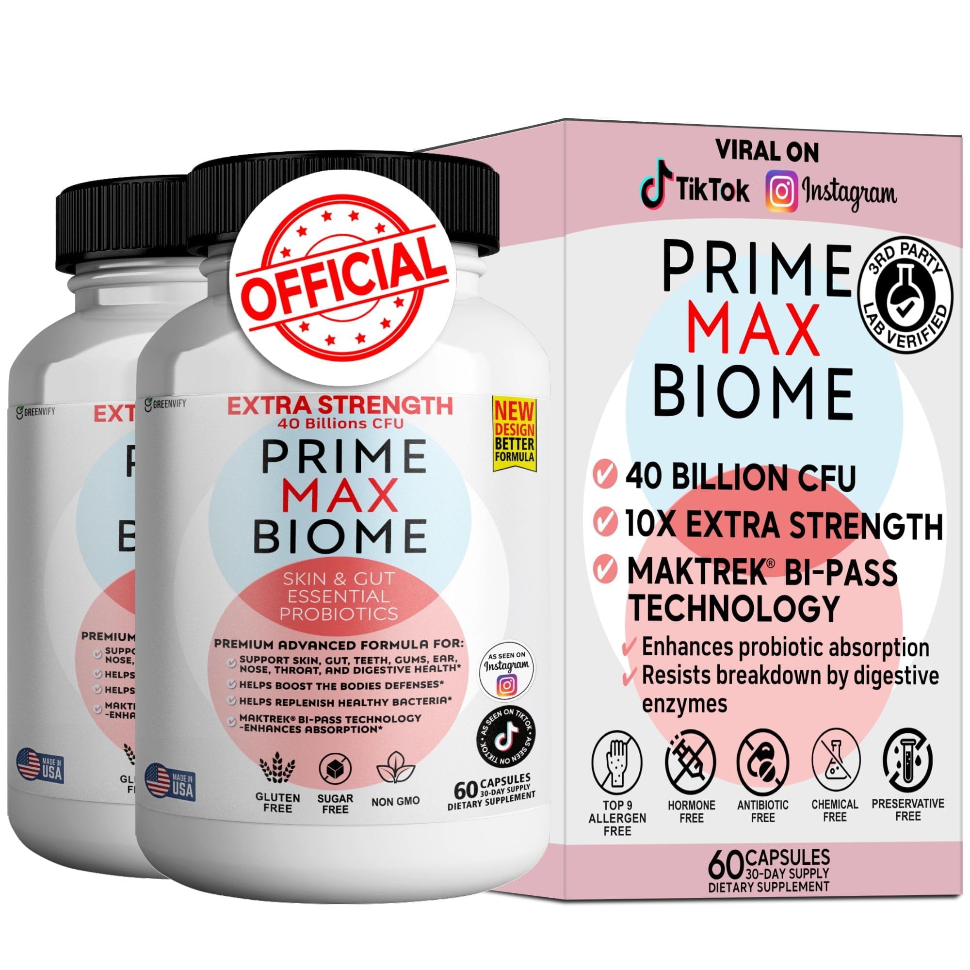 Prime Max Biome Probiotics 40 Billion CFU, 4 Strains + Prebiotics, MAKTrek® Bi-Pass, Gut & Skin Support, 120 Capsules, Non-GMO, Gluten-Free
