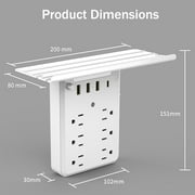 Multi Plug Outlet with Shelf, Smasener 6-Outlet Extender Socket with 4 USB Charging Ports (3.4A Total) and Night Light, Wall Outlet Expander Power Strip - White