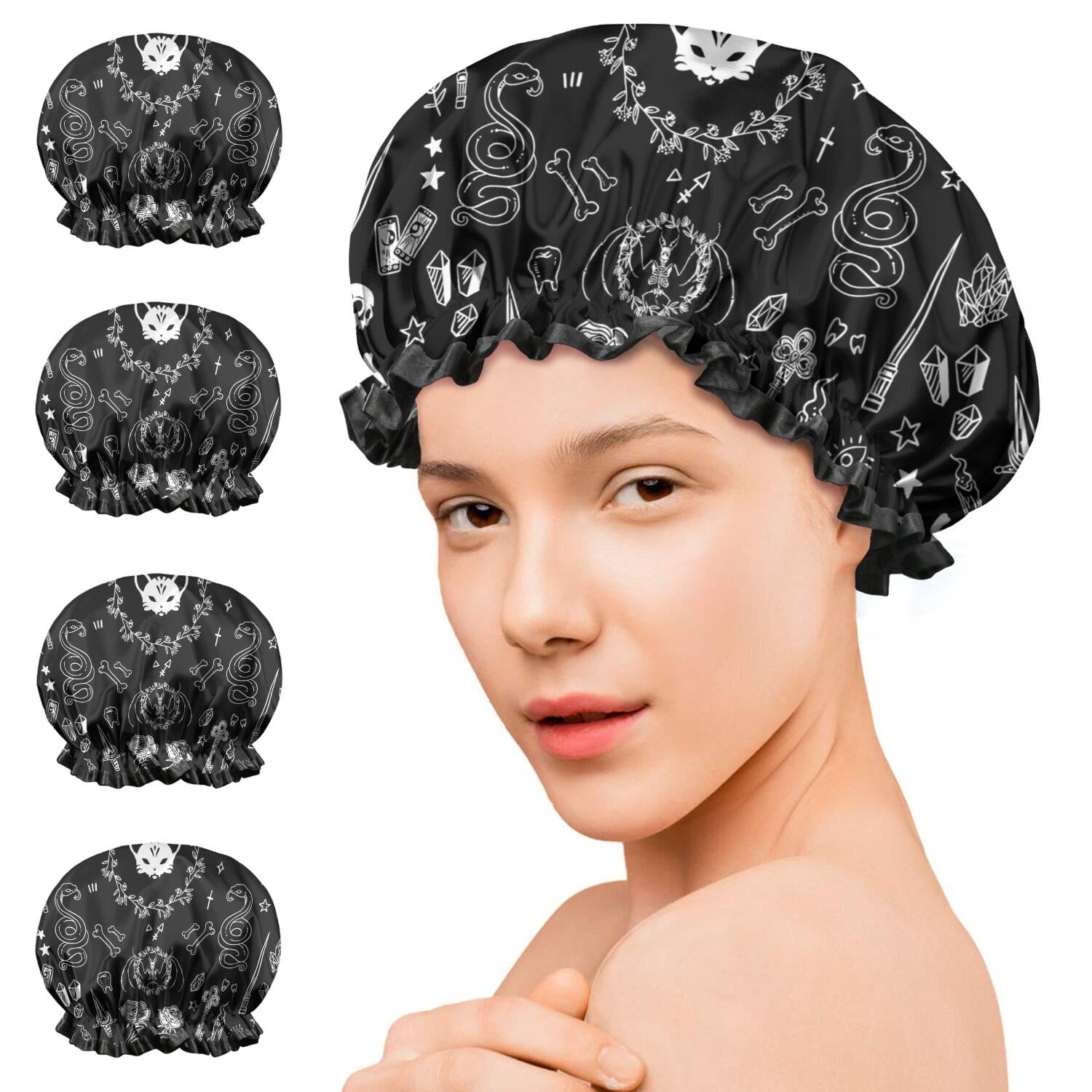 Shower Caps,Black Gothic Skull Cat Pattern Waterproof Shower Cap for Women 4 Pieces,Double Reusable Hair Cover for Shower PEVA Elastic Stretch Hem