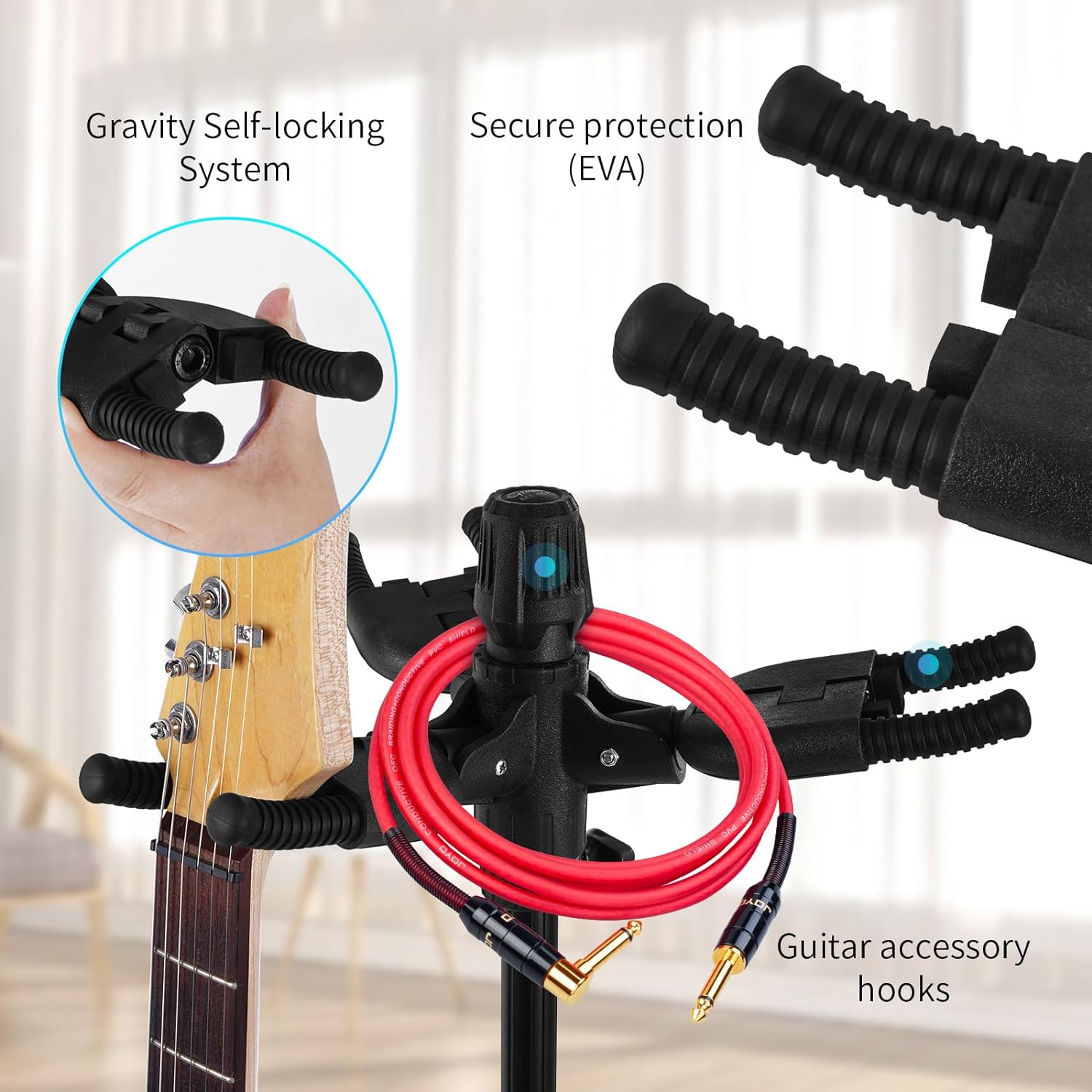 Triple Guitar Stand - Heavy Duty 3 Guitar Stand for Acoustic/Electric/Bass/Banjos, Auto-Lock Folding Design, Non-Slip Base & Anti-Rust - Portable for Stage/Travel/Studio GGS-06T