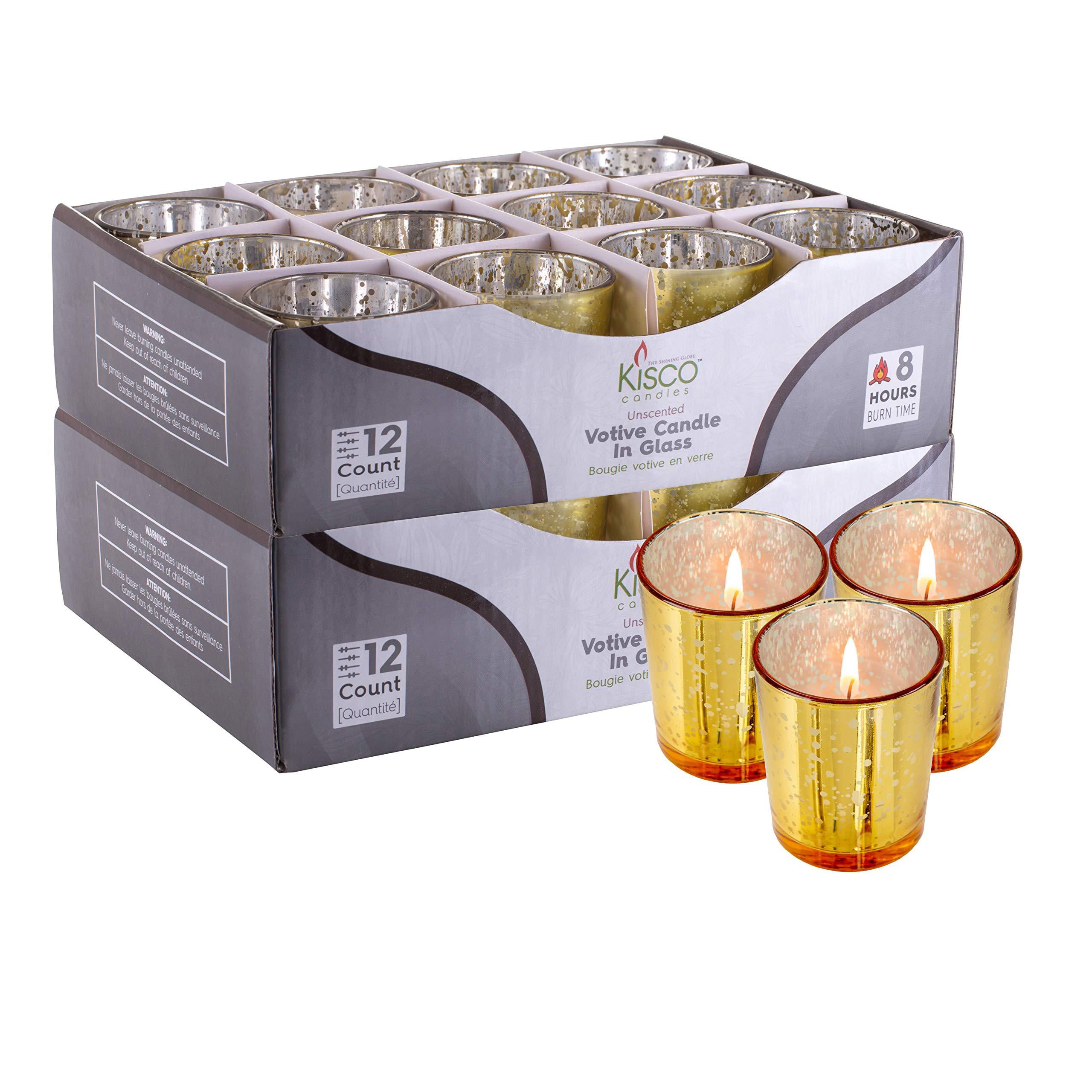 Beautiful Living Room Bathroom Lighting Kitchen Long-Lasting Wax KISCO CANDLES Votive Candles with Holders 12-Pack 8 Hour Gold Decorative Glass Home Decor