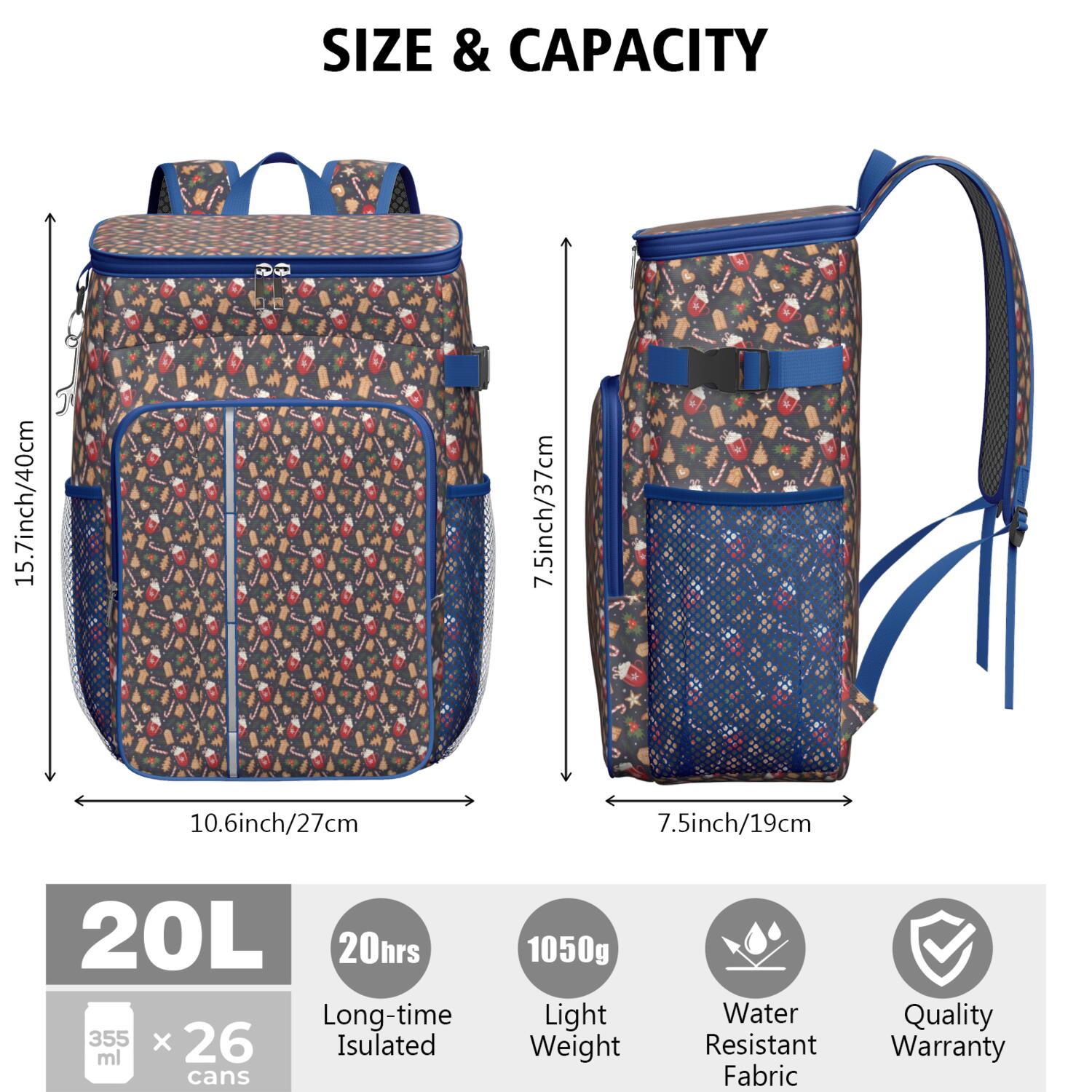 Travel Cooler Bag - Dark Christmas Drink and Cookie Pattern Camping Beer Cooler Backpack with Bottle Opener- Waterproof Insulated Picnic Backpacks - Cooler Bag for Beach