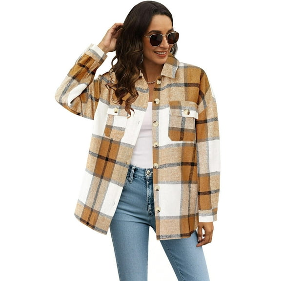 Zeagoo Flannel Cropped Jacket Wool Blend Shacket Plaid Button Down Shirt Fall Winter Fashion Long Sleeve Coat with Pockets