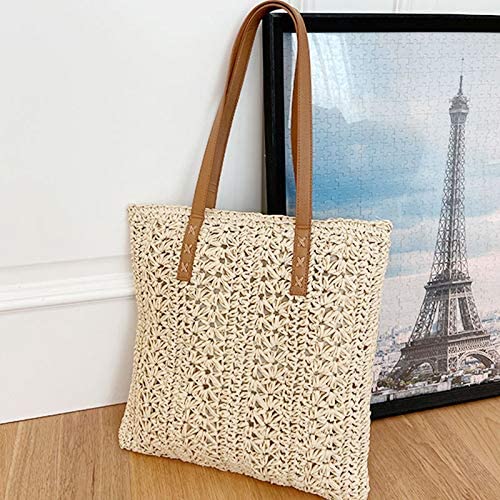 LinYooLi Women Straw Crochet Tote Bohemian Summer Beach Bag Large Handmade Shoulder Bag