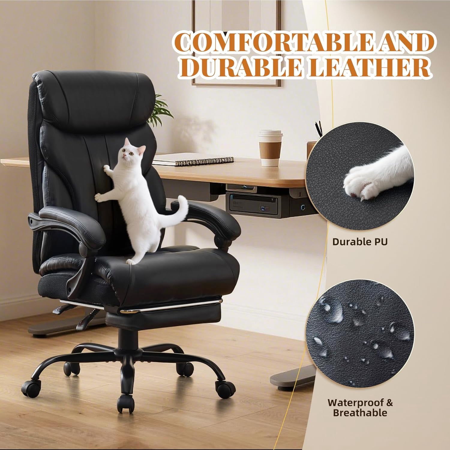 Ergonomic Executive Office Chair with High Back Support, Padded Armrests, Retractable Footrest, Wide Seat, and Heavy-Duty Swivel Base – Comfortable Computer Desk Chair for Home Office