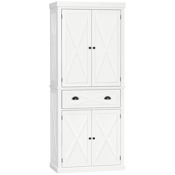 White Farmhouse Pantry Cabinet With 4 Doors, 1 Drawer & Adjustable Shelves