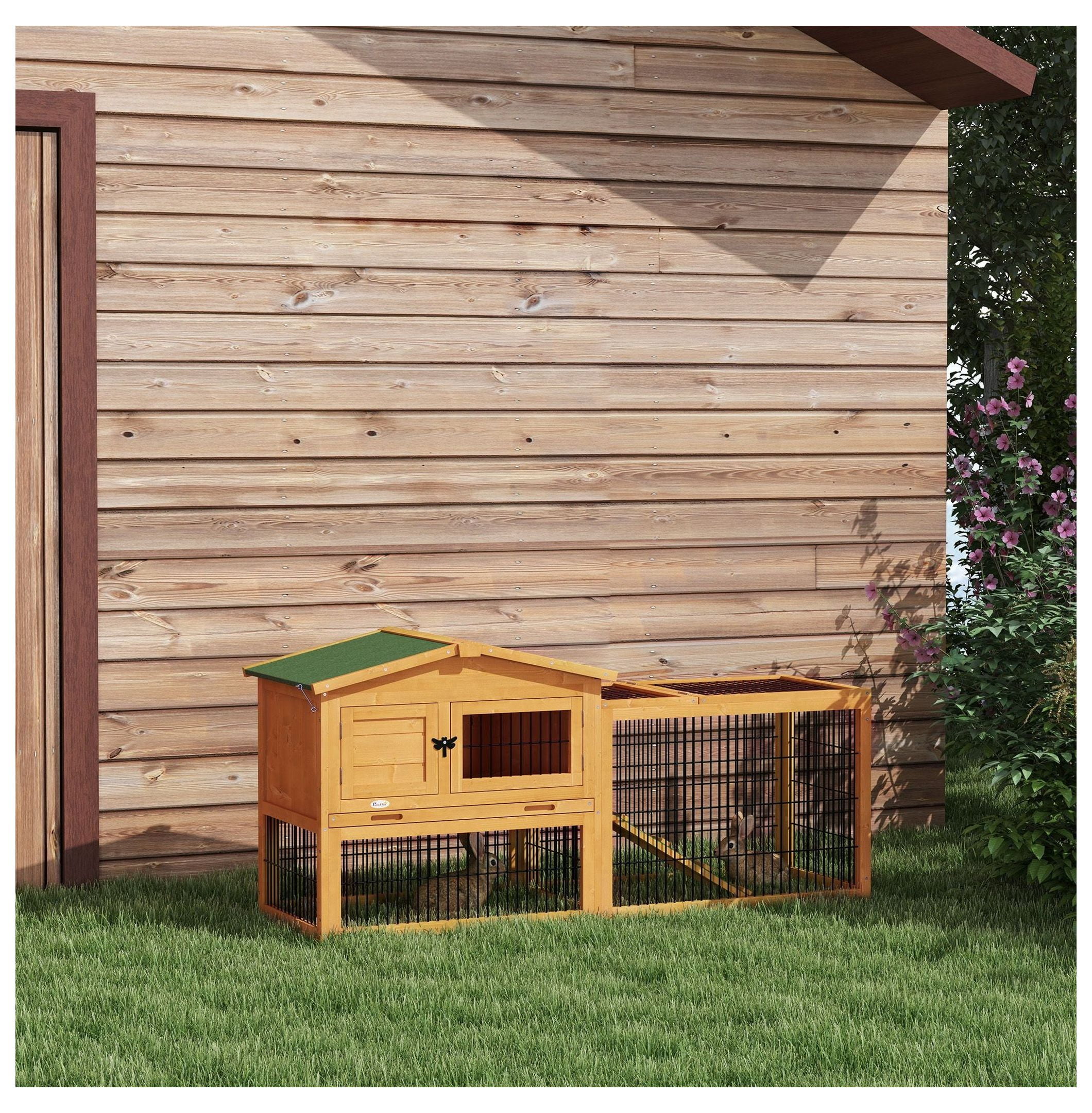 Spacious 2-Level 59" Rabbit Hutch Outdoor with Easy Open Top Yellow