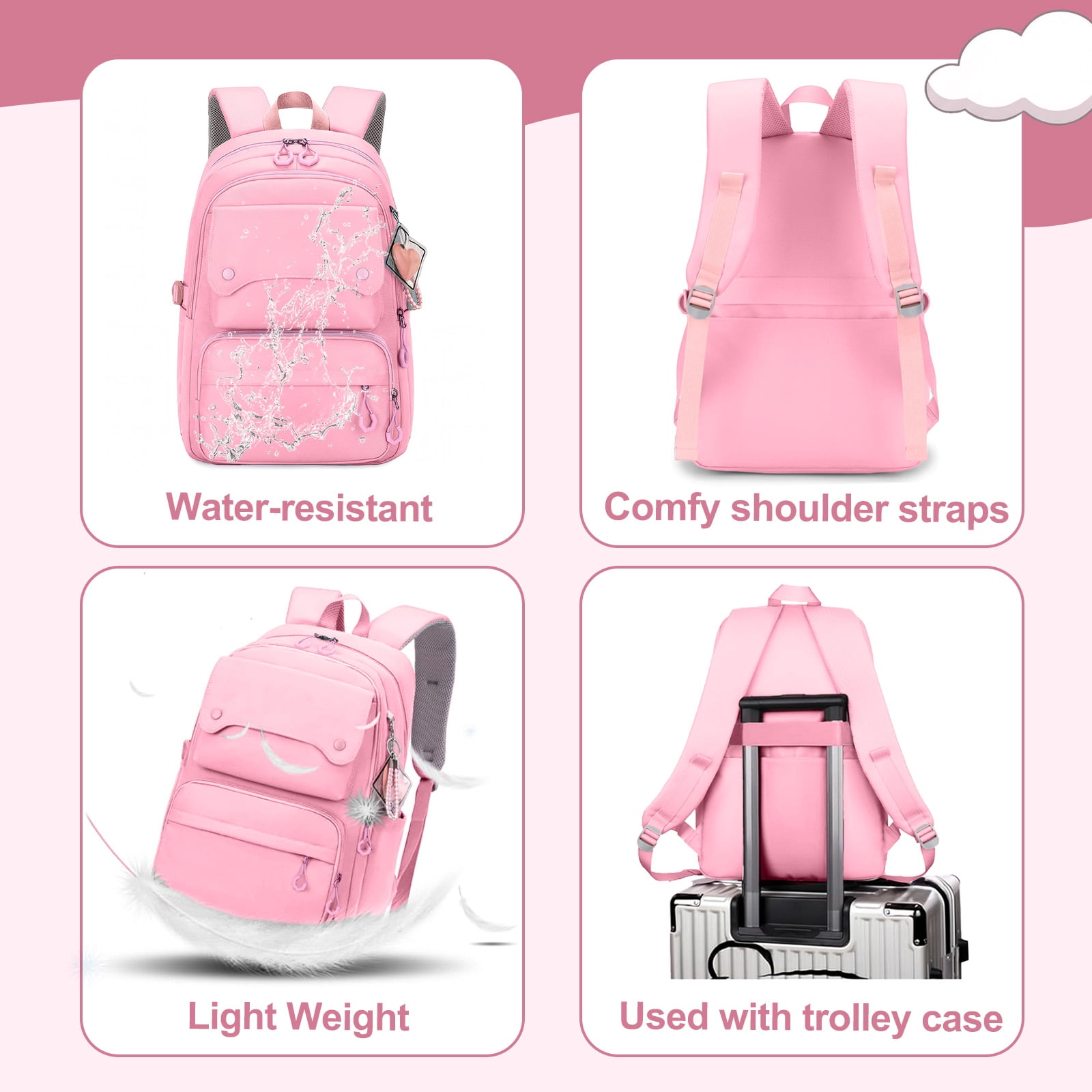 Inadays School Backpack, Large Capacity Bookbag for 15.6 Inch Laptop, Water-Resistant Cute Girlish Backpacks for Teen Adults Tween, Lightweight Travel Daypack for Primary Middle School College, Pink