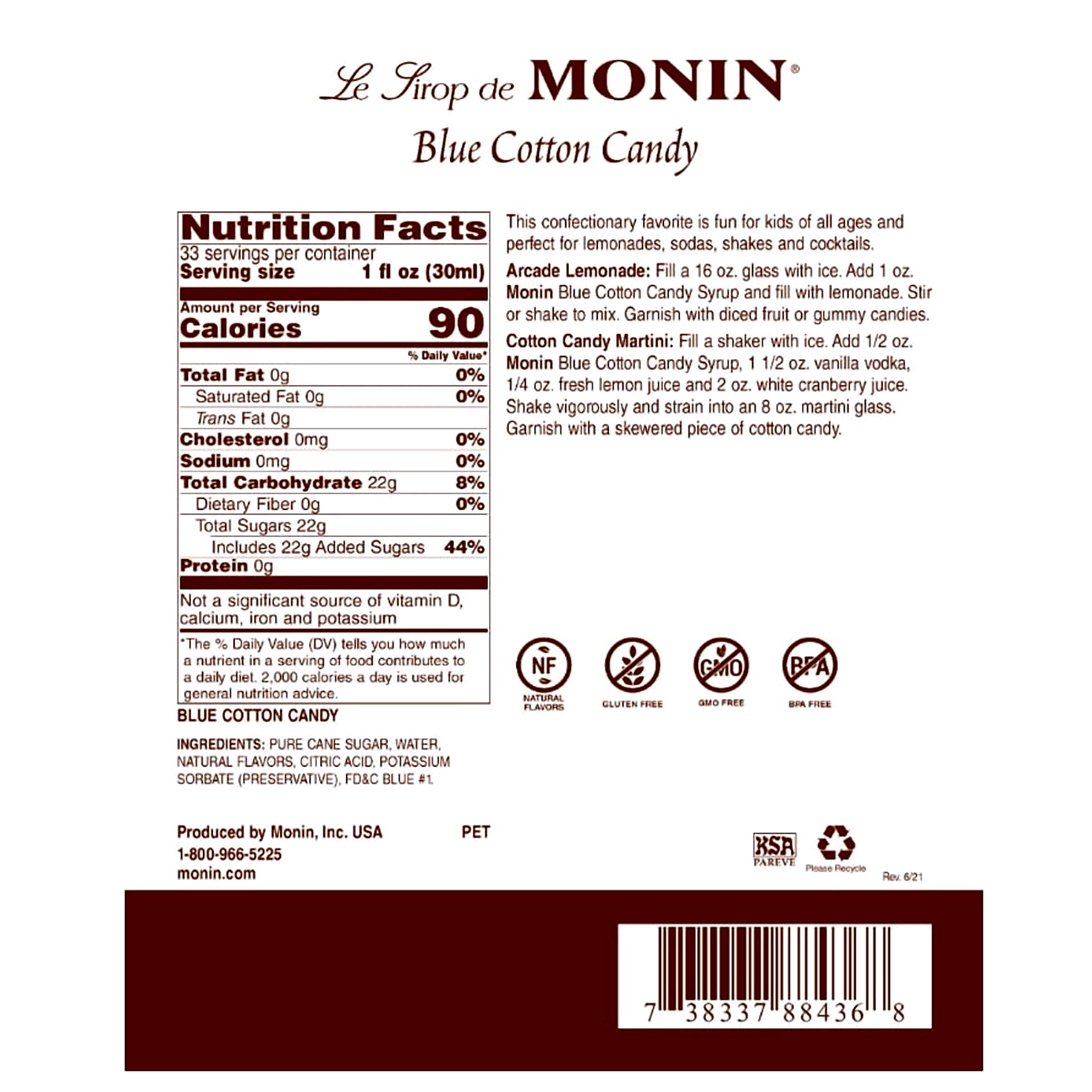 Monin Blue Cotton Candy Syrup 1 ltr plastic bottle