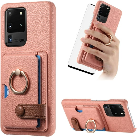 Phone Case for Samsung Galaxy S20 Ultra 5G Wallet Cover with Screen Protector and Thin Slim Ring Card Holder Leather Cell Accessories S20ultra 20S S 20 A20 S2O 20ultra G5 Women Men Pink