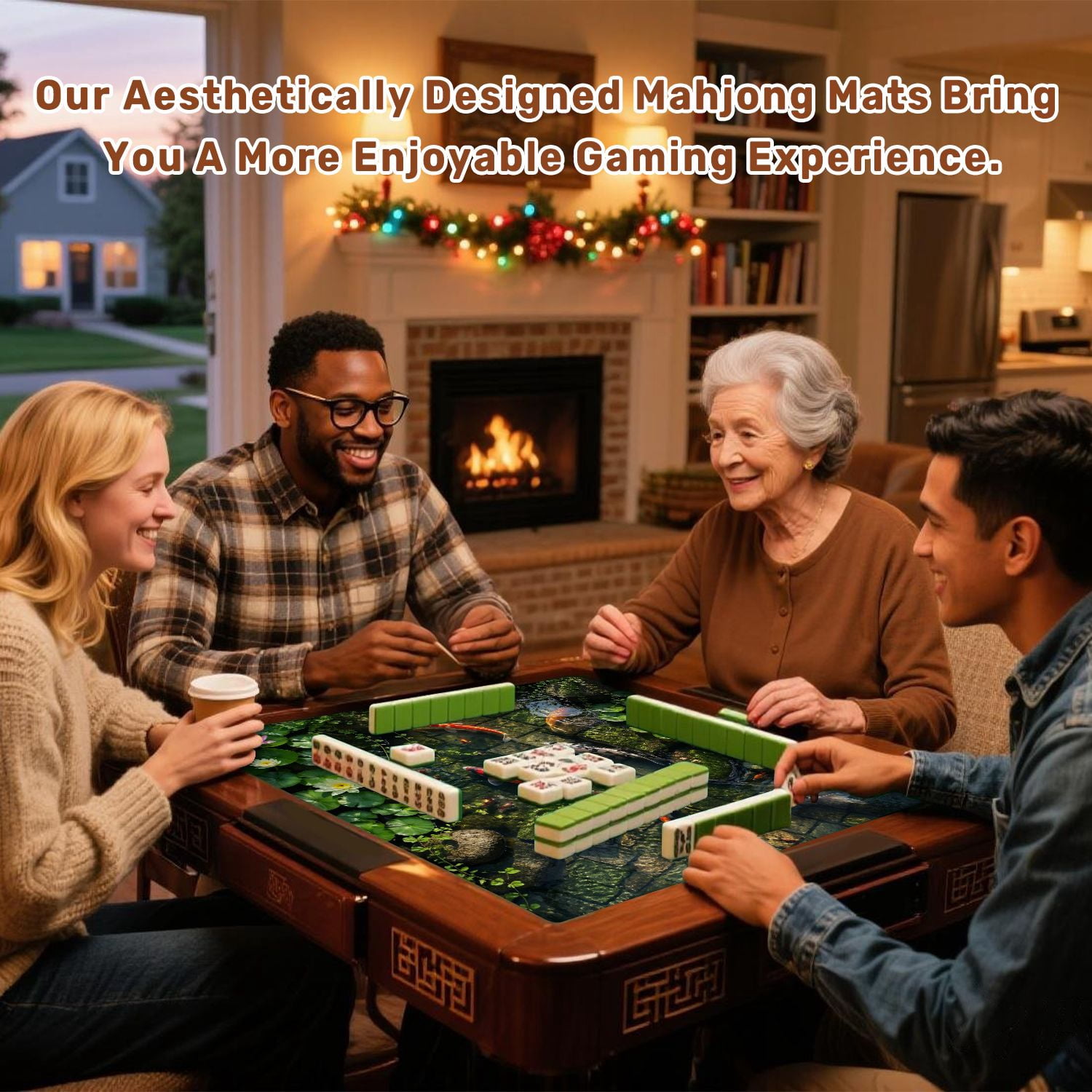 Mahjong Mat 31.5" x 31.5" Colorful Fish Swimming Clear Garden Pond Lily Pads Mossy Stones Non-Slip Noise Reduction American Mahjong Tiles Table Cover for Dominoes Poker Card Board Games Gift