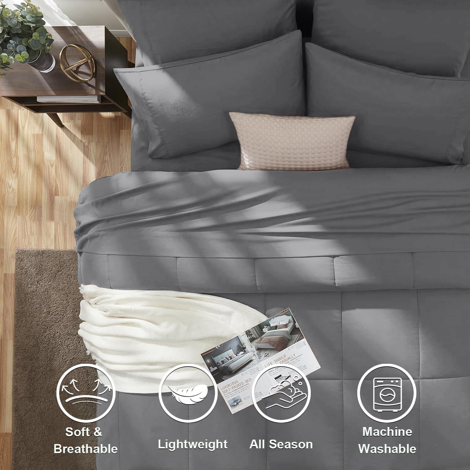 Flymme Full Bed Sets 7 Pieces Dark Grey Comforter Sets with Sheets Modern Soft Microfiber Quilted Warm Complete Bedding for Bedroom Decor