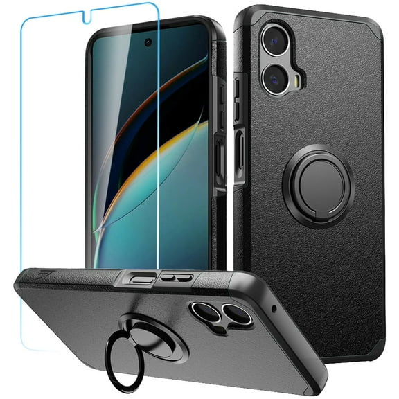 Designed for Motorola Moto G 5G 2024 Kickstand Hybrid with 360° Rotate Ring Stand Magnetic Hard PC TPU Shockproof   Screen Protectror Phone Case Cover [Black]