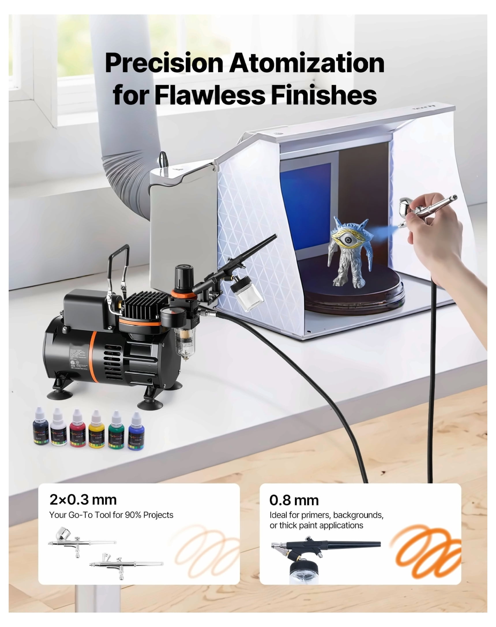Airbrush Kit with Compressor, 1/6 HP - 3 Dual-Action Airbrushes, 3 Nozzles, Paint, for Cake Decorating, Model Painting, Nail Art