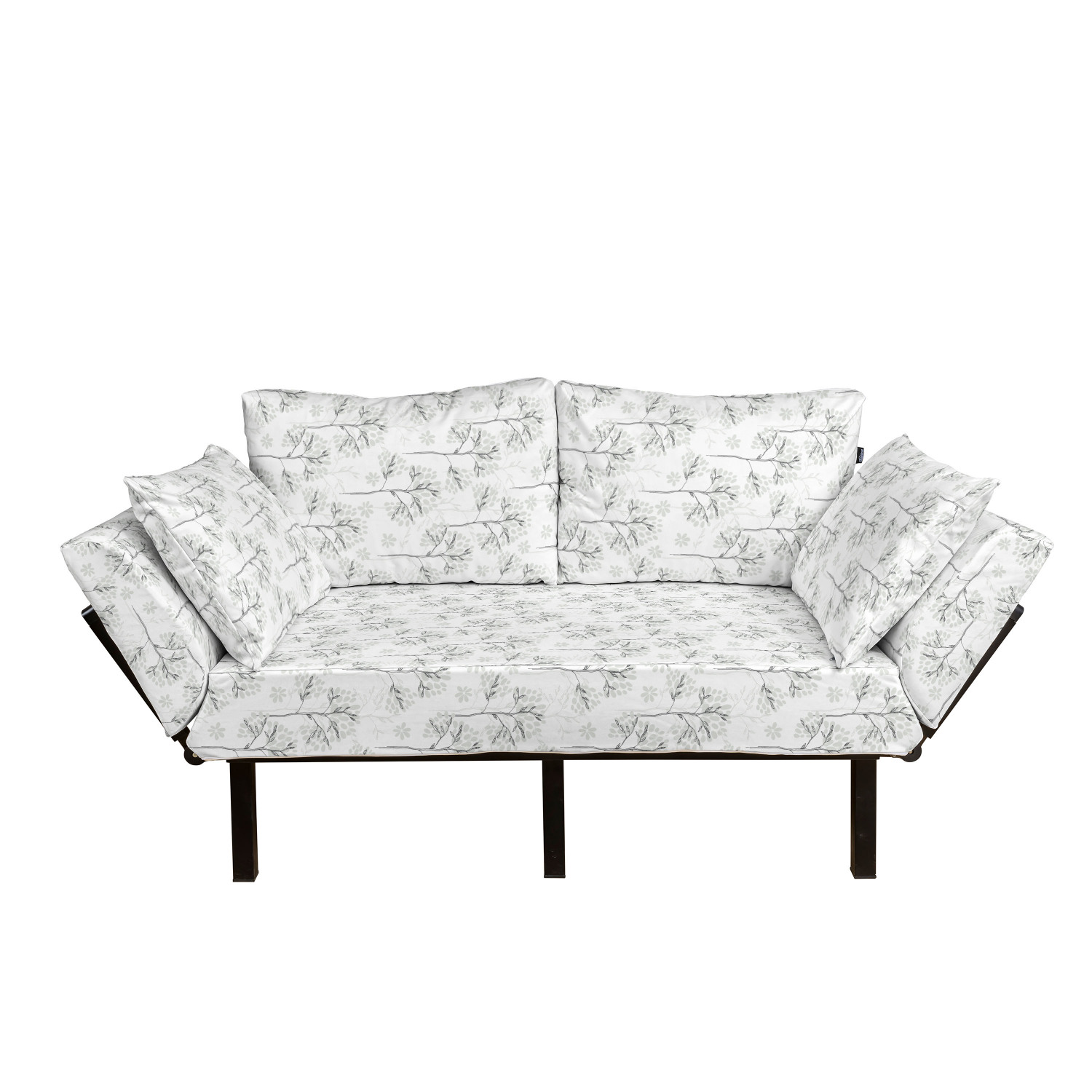 Botanical Futon Couch, Repetitive Leafy Branches Drawn by Hand Foliage