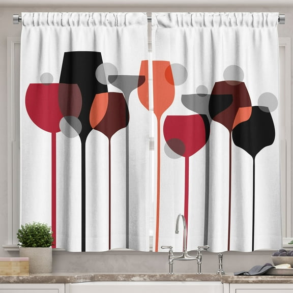 Ambesonne Wine Kitchen Curtains, Abstract Glasses, 55"x45", Red Grey Black