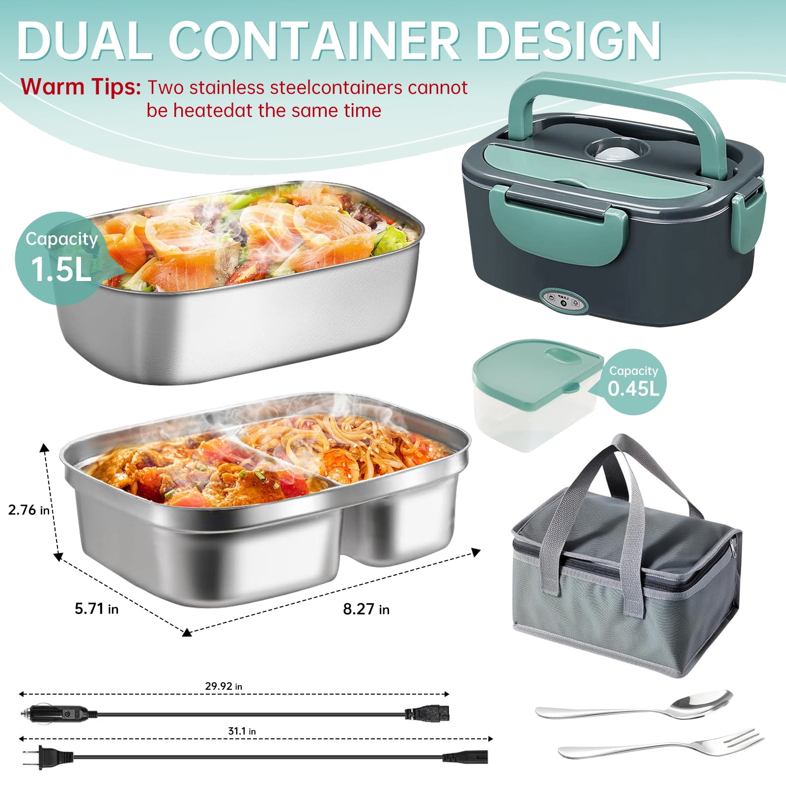 Aotto Electric Lunch Box Food Heater, 80W Portable Warmer for Car Truck Work with Dual 1.5L Stainless Steel Containers, 12V/24V/110V/220V Heated Lunch Box Suitable for Ideal Driver/Work/Gift