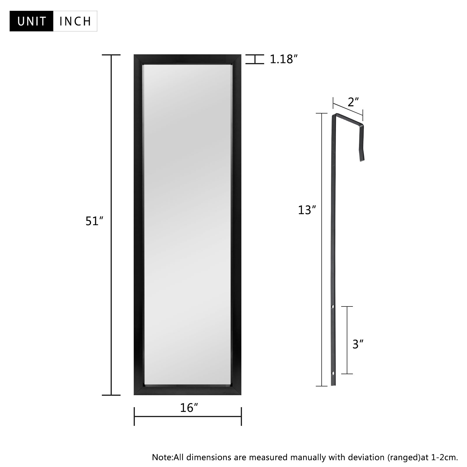 51"*16" Full Length Over The Door Mirror Hanging Mirror for Bedroom Dorm Room Black