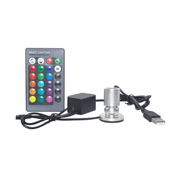 FSLiving USB-Powered Mini LED Spotlight 360°Rotatable Display Lamp Dimmable Remote Control RGB Mode Silver Shell with USB Cable Accent Lighting Jewelry Showcase Cabinet Lego Model - 1 Pack