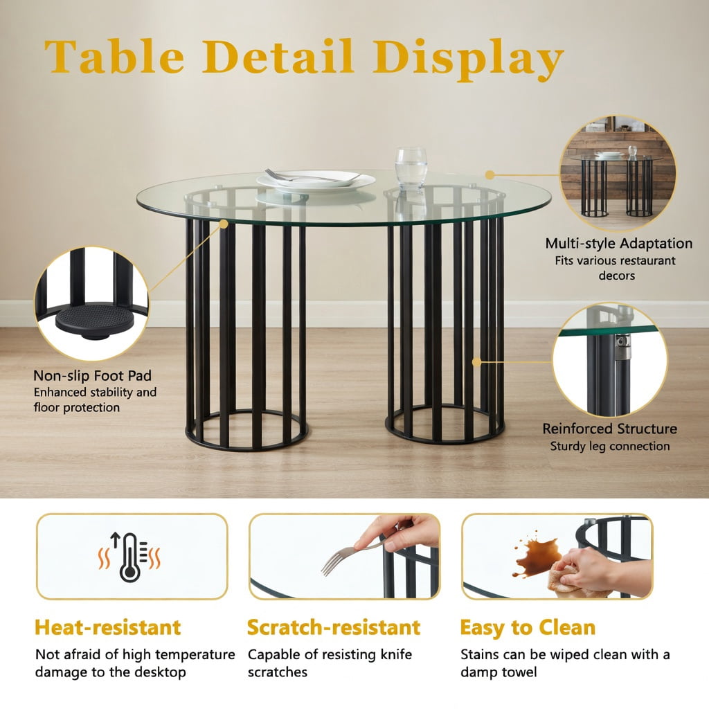 Hommoo 71-inch Oval Tempered Glass Dining Table, Metal Double Column Base, Light Luxury Modern Design for 6-8 People, Scratch-Resistant & Easy-Clean Tabletop, Black