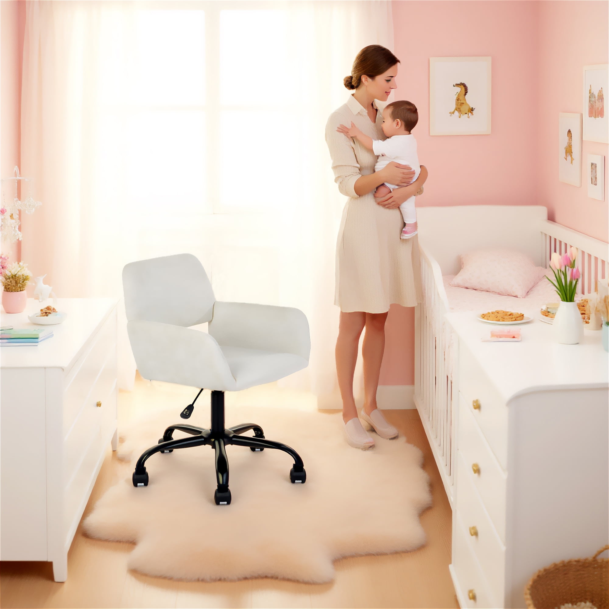 Chaise de maquillage rembourrée moderne Homy Casa avec accoudoirs réglables en hauteur, idéale pour la chambre avec coiffeuse, tissu beige