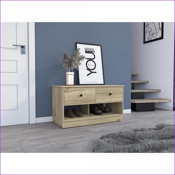 Tulip Modern Storage Bench with 2 Drawers & 2 Shelves, 35.8W x 17.9D x 19.9H | Beige | Engineered Wood