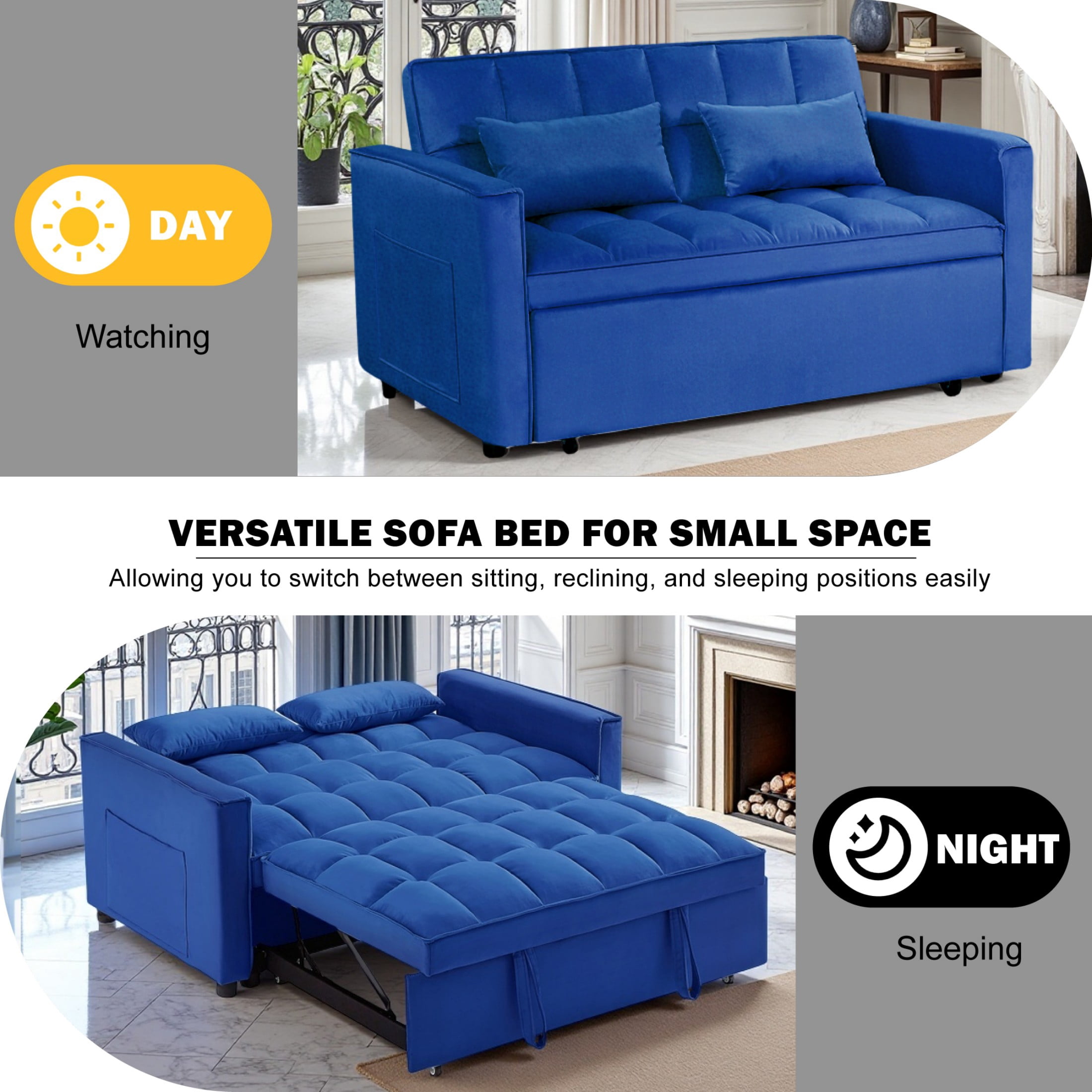 Gewnee 54" Modern Convertible Velvet Futon Sofa Bed with Pull-Out Sleeper and Adjustable Backrest, Loveseat Couch for Living Room or Office (Blue)