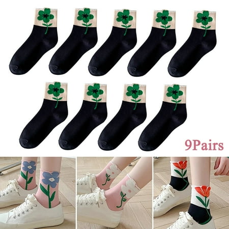 

9Pairs/Set Flower Pattern Socks Solid Color Cute Kawaii Tulip Flower Cotton Sock for Girl