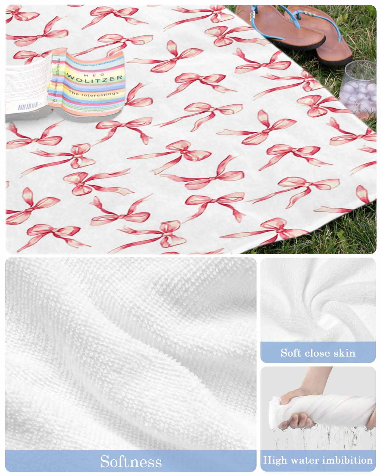 Pink Bow Ribbon Beach Towels Oversized Super Absorbent, Vintage Modern Art Bowknot Lightweight Bath Towel Quick Dry Sets For Bathroom/Pool/Rv Camping/Beach Play/Gym Room/Picnic 35"x70"