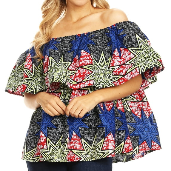 Sakkas Imani Colorful Wax African Ankara Dutch Off-shoulder Blouse Top Gorgeous - 38-Multi - One Size Regular