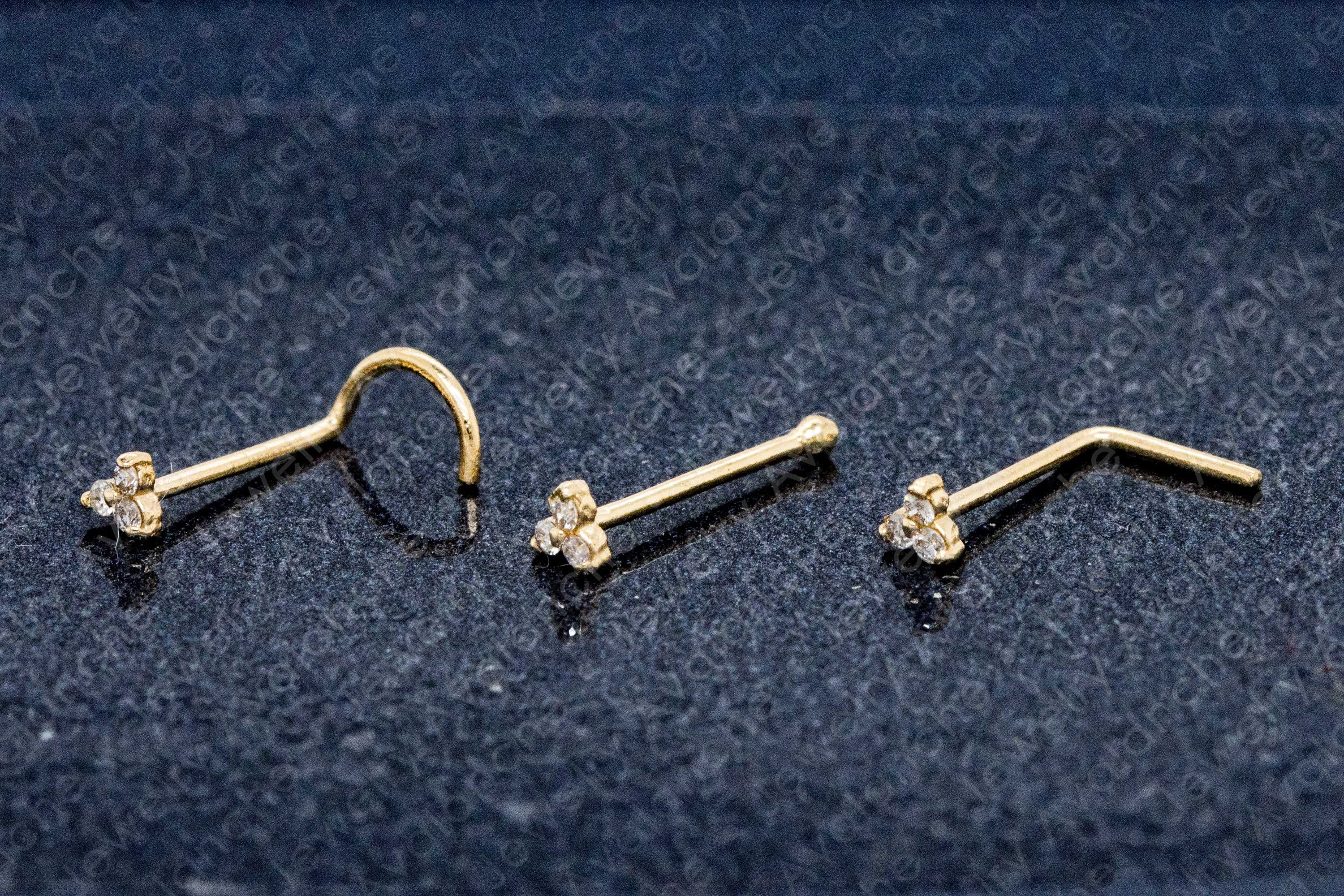 3-Stone 0.015ctw Moissanite Nose Stud - 22G Solid 14Kt Yellow Gold Nose Screw Stud Nose Ring - April Birthstone Nose Stud