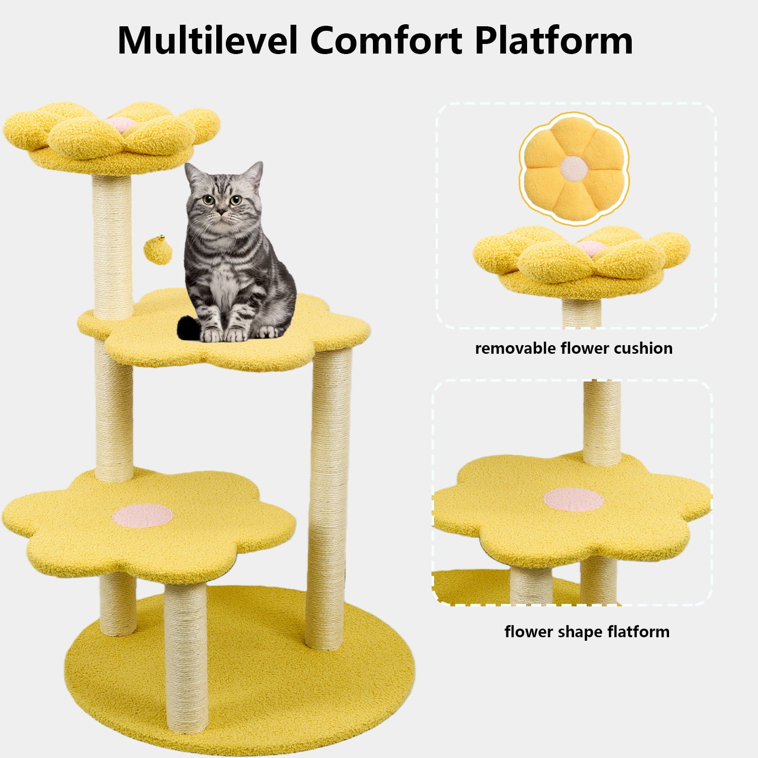 Daisy Flower Cat Tree, 3-Tier, Plush Perches, Sisal Scratching Posts, Yellow Color, 26" Base