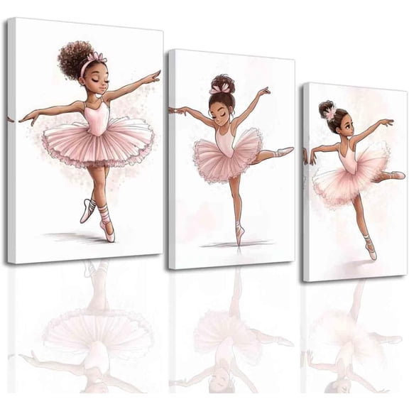 ZHONGYUTONG Black Ballerina Wall Art Pink Nursery Pictures Set of 3 Black Girl Posters African American Canvas Prints Ballet Dancer Paintings for Girls Bedroom Room Decor (11.00" x 14.00" x 3PCS)