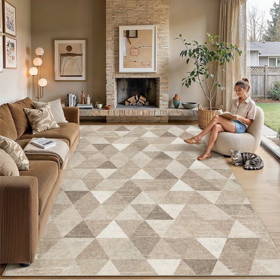 BERTHMEER 6'x9' Modern Area Rugs for Living Room Brown Rugs for Bedroom Checkered Pattern Kitchen Non Slip Washable Contemporary Geometric Carpets Office Farmhouse Dorm Dining Room Rugs