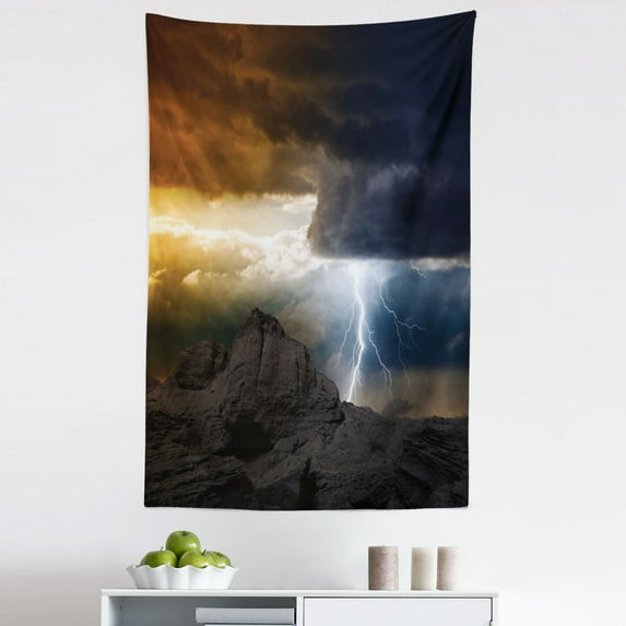 Landscape Tapestry, Thunder Rays from Dark Clouds Hitting down to the Mountain Storm Theme Art Print, Fabric Wall Hanging Decor for Bedroom Living Room Dorm, 5 Sizes, Grey Orange, by Ambesonne