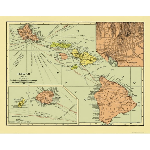 Historic State Map - Hawaii - Rand McNally 1912 - Vintage Wall Art